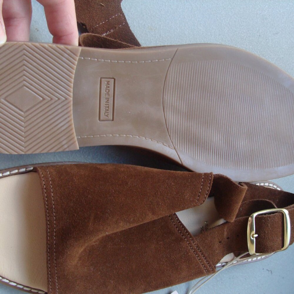 Avellini Sandal Women's Size 9 Italy Brown Suede Gold Buckle Flat Square Toe - Picture 3 of 7